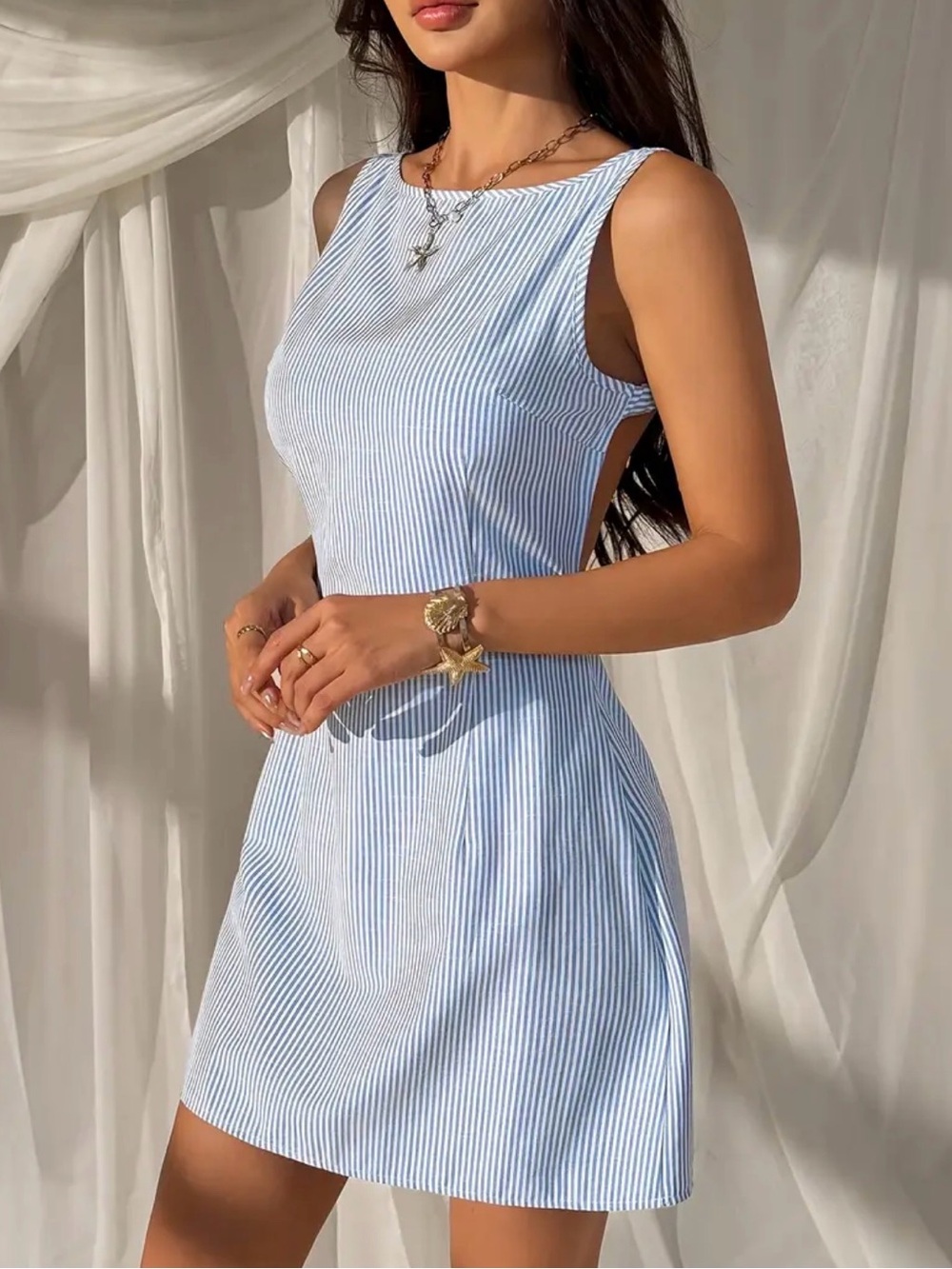 Sleeveless Light Blue & White Striped Mini Dress